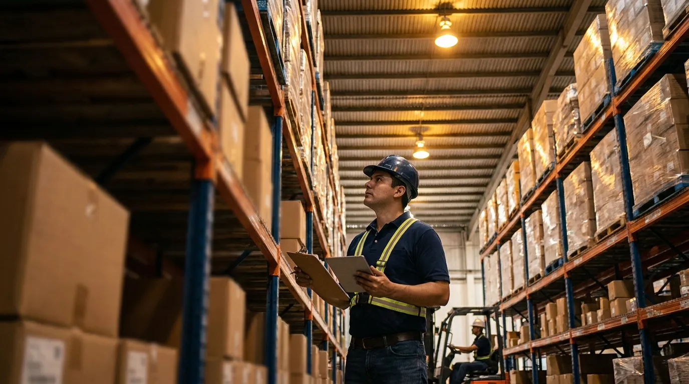 Supervisor de almacén revisando inventario en anaqueles industriales