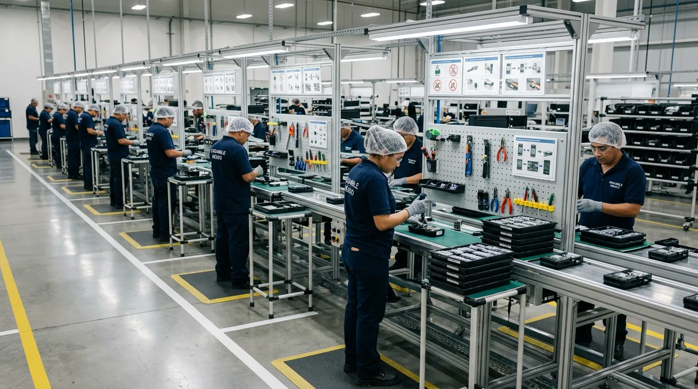 Línea de producción ordenada con trabajadores en estaciones estandarizadas